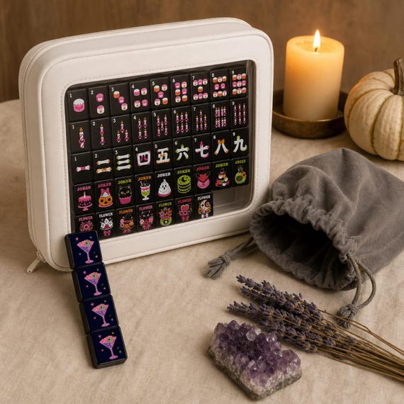 American Mahjong Set: Pink Halloween Dessert Tiles, 160 Pieces with Case and Dice detail