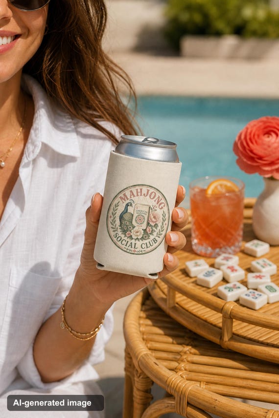 Mahjong Social Club Can Cooler East Wind Drinks First Peacock Floral Game Night detail