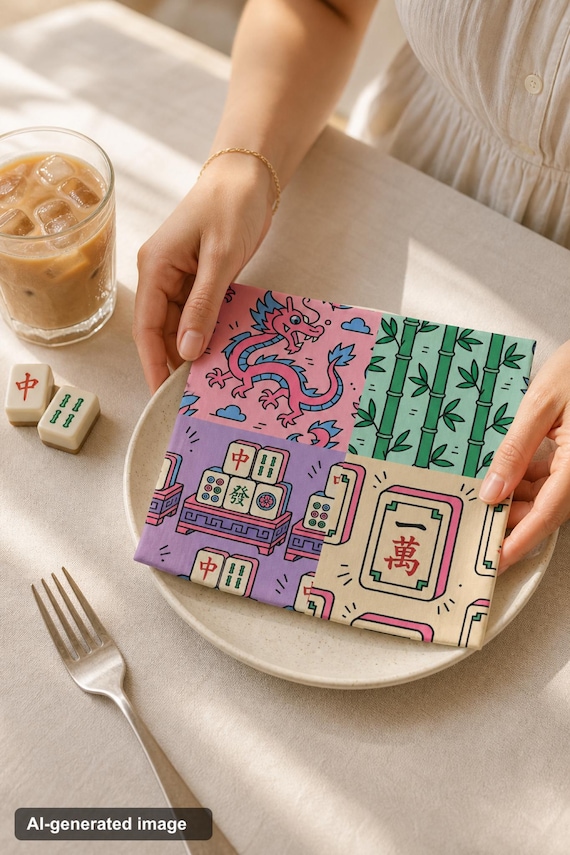 Bachelorette Mahjong Cocktail Napkins Set of 4 Tile Print Cotton Game Night Table Decor detail