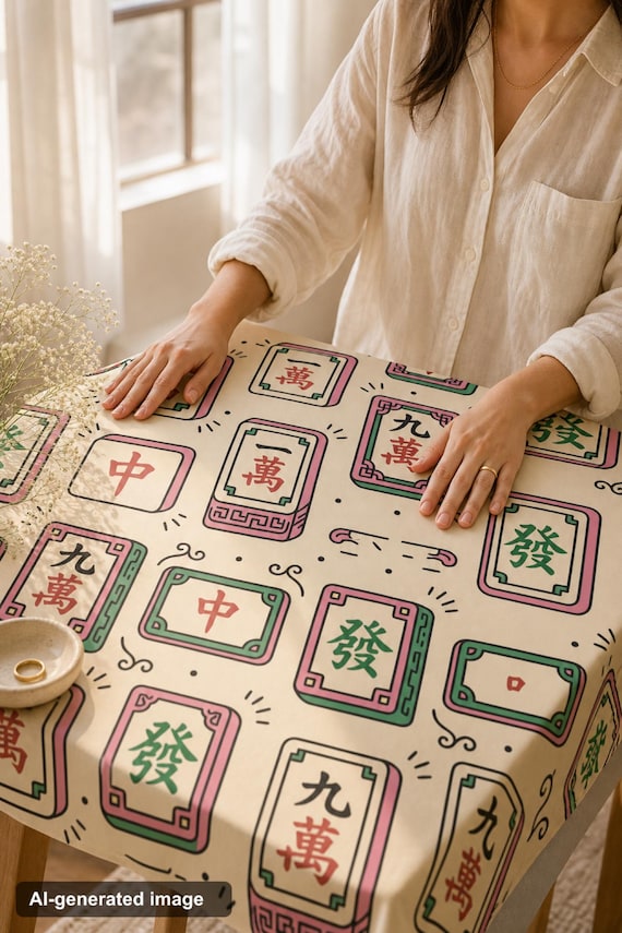 Mahjong Tablecloth Square Tile Print Table Cover Game Night Decor Hostess detail