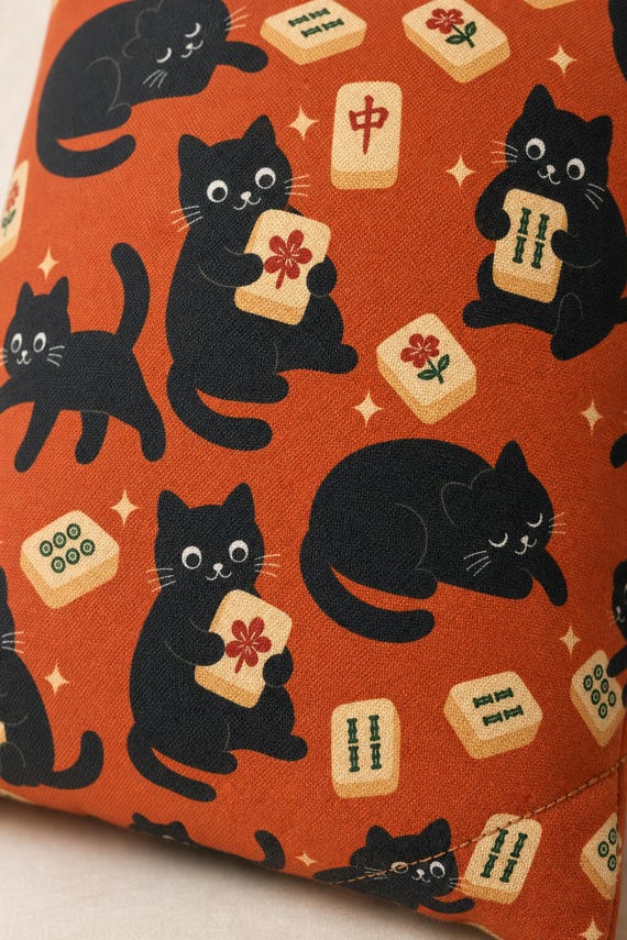 Halloween Mahjong Pillow Cover Black Cat Throw Pillow Case Spooky Cute Game Night Decor Fall Couch Pillowcase Mahjongg Player Gift detail