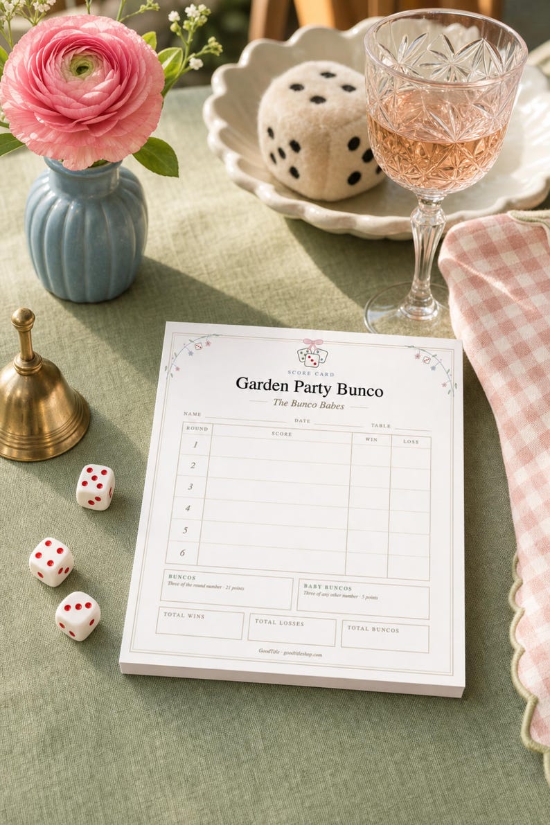 Bunco Score Card Pad: Personalized Tear Off Notepad, 50 Sheets, Garden Party Floral Dice