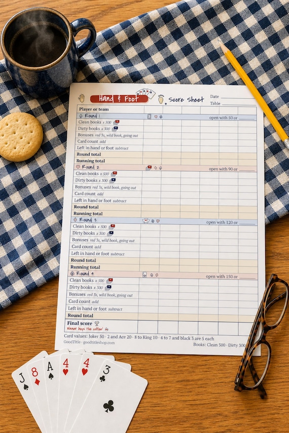 Hand and Foot Score Sheet Printable: Card Game Rules Guide, 6 Players, Letter A4 PDF detail