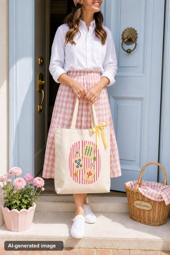 Mahjong Canvas Tote: Good Bams Only Pink Tile Print, Double Sided Natural Cotton detail