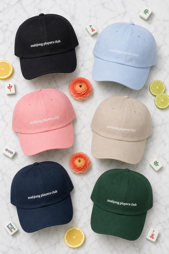 Mahjong Players Club Embroidered Hat Cotton Twill Cap Game Night detail