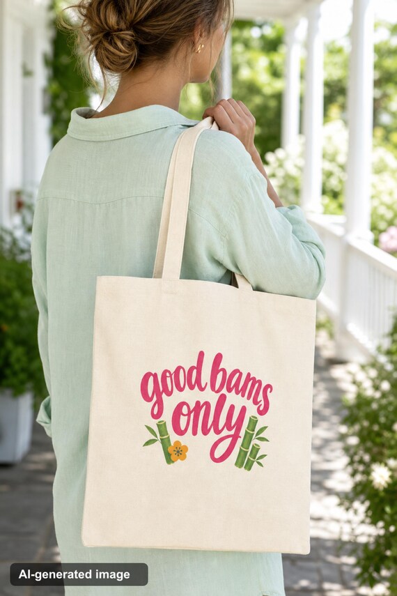 Mahjong Canvas Tote: Good Bams Only Pink Tile Print, Double Sided Natural Cotton detail