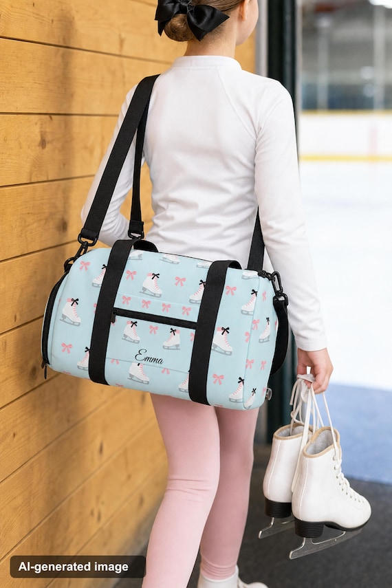 Ice Skating Bag: Figure Skate Duffle with Shoe Compartment, Blue Pink Bows Print detail
