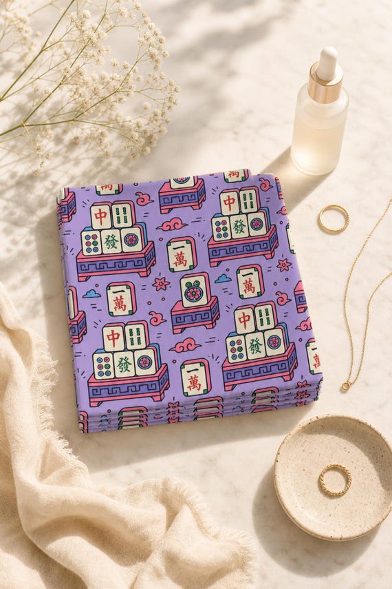 Mahjong Cocktail Napkins Set of 4 Tile Print Cotton Table Decor detail