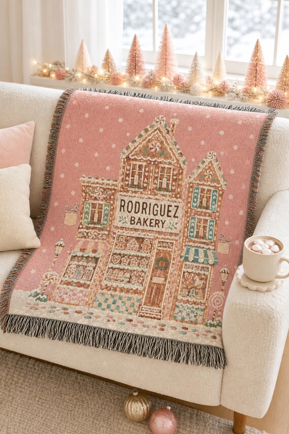 Gingerbread Blanket: Custom Woven Throw, Personalized Family Name, Pink Christmas Cotton Tapestry detail