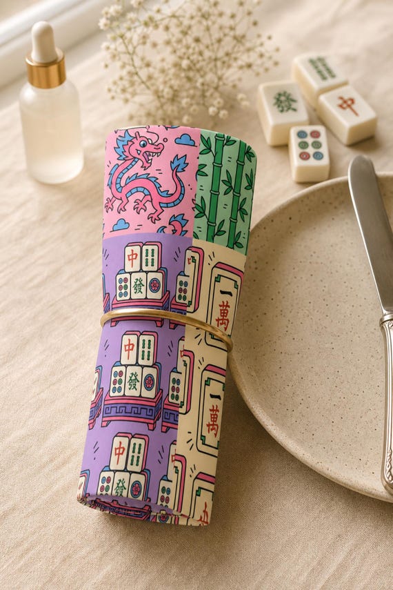 Bachelorette Mahjong Cocktail Napkins Set of 4 Tile Print Cotton Game Night Table Decor detail