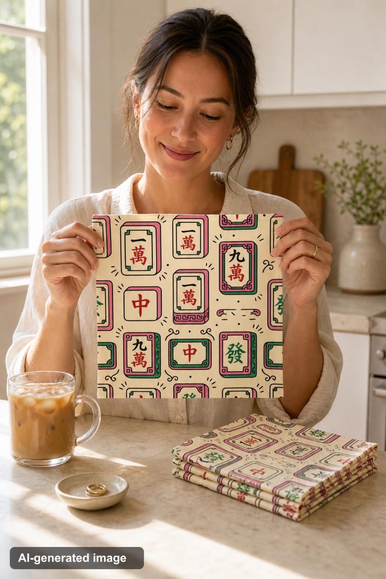 Mahjong Cocktail Napkins Set of 4 Tile Print Hostess Table Decor