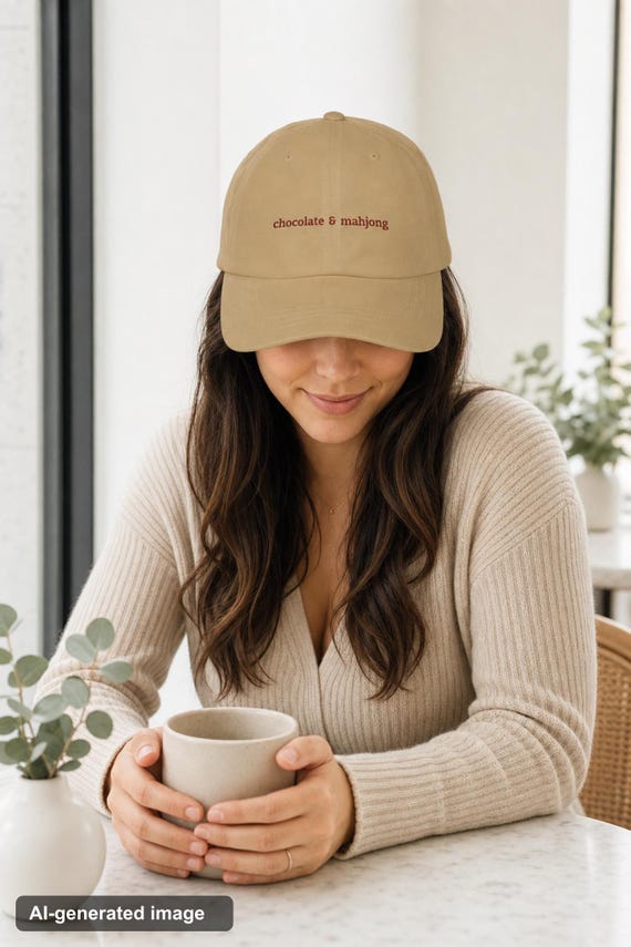 Funny Mahjong Hat Chocolate and Mahjong Embroidered Cap Cotton Twill Game Night detail