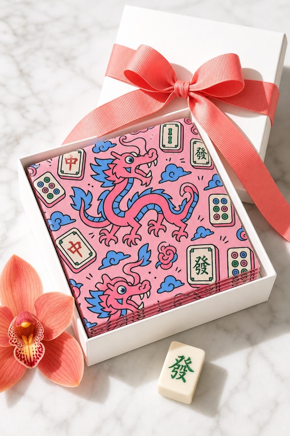 Dragon Mahjong Cocktail Napkins Set of 4 Bold Tile Print Game Night Hostess detail