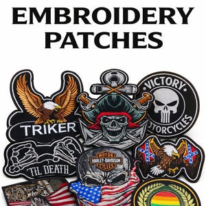May include: A selection of custom embroidered patches featuring diverse designs. Patches include an eagle, skull, pirate, and American flag. The text "CUSTOM EMBROIDERY PATCHES" is displayed at the top.