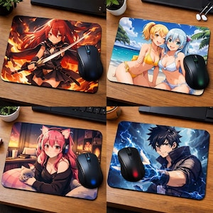 May include: Four rectangular mouse pads with anime-style illustrations. One features a red-haired character with a sword against a fiery background. Another shows two women on a beach. The third depicts a pink-haired character with a cat, and the last has a man with blue lightning.