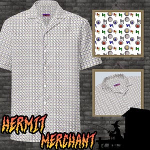 May include: White short-sleeve button-down shirt with a repeating pattern of small blue, green, and yellow shapes. The shirt has a camp collar and a small purple tag. The image also includes a framed pattern and a framed close-up of the collar.