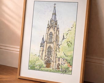Notre Dame Basilica Watercolor Print – Sacred Heart Architectural Wall Art