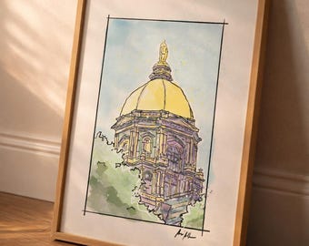 University of Notre Dame Golden Dome Watercolor Print – Architectural Campus Wall Art