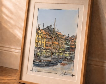 Copenhagen Nyhavn Watercolor Print – Denmark Harbor Wall Art – Scandinavian Architecture Decor – Colorful European City Artwork