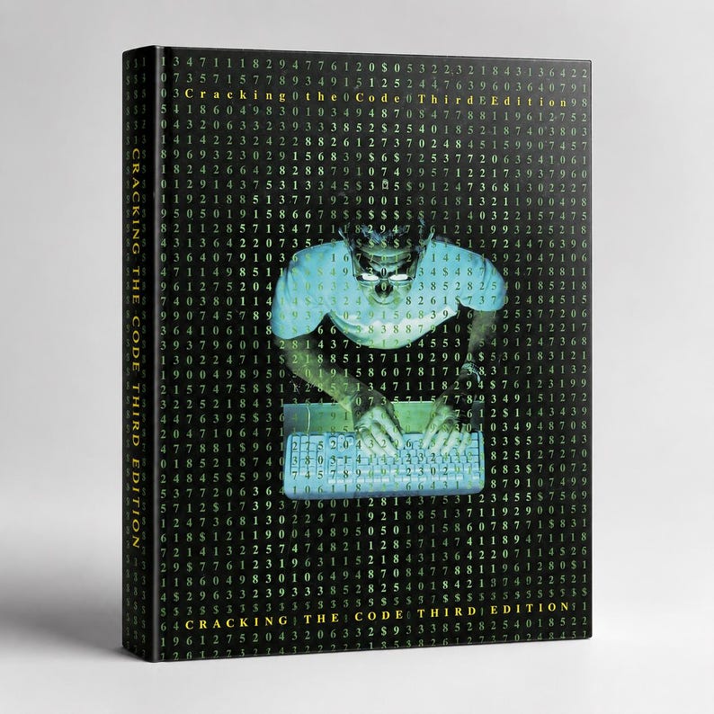 Op de afbeelding: Een hardcover boek getiteld "Cracking the Code Third Edition" met een zwarte kaft. De kaft toont een persoon in een wit t-shirt en bril die op een toetsenbord typt, over een matrix van getallen.