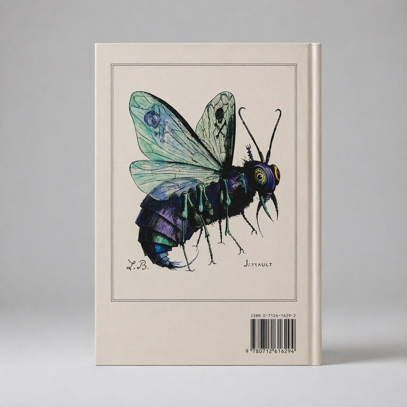 K&ouml;nnte beinhalten: Buchcover mit einer detaillierten Illustration eines stilisierten Insekts mit gro&szlig;en, gemusterten Fl&uuml;geln. Das Insekt ist haupts&auml;chlich schwarz, lila und blaugr&uuml;n, mit gelben Augen. Das Kunstwerk ist auf cremefarbenem Hintergrund gerahmt.