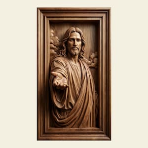 May include: A detailed wooden relief carving of a figure with long hair and a beard, framed in a rectangular wooden border. The figure is depicted with an outstretched hand, wearing draped robes, and set against a backdrop of clouds.