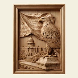 May include: Wooden relief carving of an American bald eagle, the U.S. Capitol building, and the American flag. The eagle is perched on a stone base. The carving is framed in a wooden border.