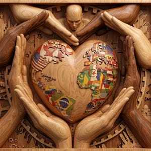 May include: A square wooden wall art piece featuring a central heart-shaped globe with colorful national flags. The globe is surrounded by carved wooden hands reaching inward, with silhouettes of global landmarks and gear motifs in the background.