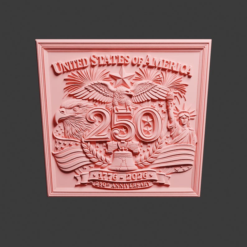 May include: A pink relief sculpture commemorating the 250th anniversary of the United States of America. The design includes an eagle, the Statue of Liberty, the Liberty Bell, and the text "United States of America" and "1776-2026 250th Anniversary."