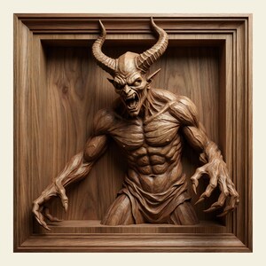 May include: A detailed wooden carving of a demonic figure with horns, sharp teeth, and outstretched arms. The sculpture is set within a wooden frame, showcasing intricate details and textures. The figure's muscular physique and menacing expression create a striking visual.