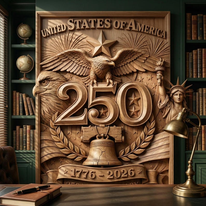 May include: A detailed wooden carving featuring the words "UNITED STATES OF AMERICA" and the number "250". The carving includes an eagle, stars, the Statue of Liberty, and the Liberty Bell, with the dates "1776-2026".
