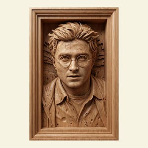 May include: A detailed wooden relief carving of a man wearing round glasses, set within a rectangular frame. The carving showcases the man's face, hair, and clothing, with intricate details and a natural wood finish.