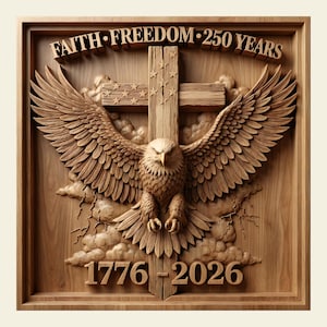Puede incluir: Talla en relieve de madera que representa un águila con las alas extendidas, una cruz y la bandera estadounidense. El texto dice "FAITH FREEDOM 250 YEARS" y "1776-2026". La talla está enmarcada en un borde de madera rectangular.