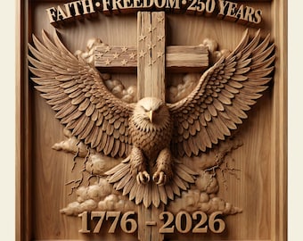 Puede incluir: Talla en relieve de madera que representa un águila con las alas extendidas, una cruz y la bandera estadounidense. El texto dice "FAITH FREEDOM 250 YEARS" y "1776-2026". La talla está enmarcada en un borde de madera rectangular.