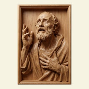 Puede incluir: Escultura en relieve de madera de un hombre con barba, enmarcada en madera. El rostro del hombre muestra angustia, con lágrimas visibles. Sus manos están levantadas y sobre su pecho. La escultura está tallada en un estilo detallado y realista.