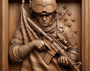 May include: A wooden relief carving depicting a soldier in tactical gear, including a helmet and goggles, holding a rifle. The soldier is positioned in front of a draped American flag with stars visible in the background, all encased in a frame.