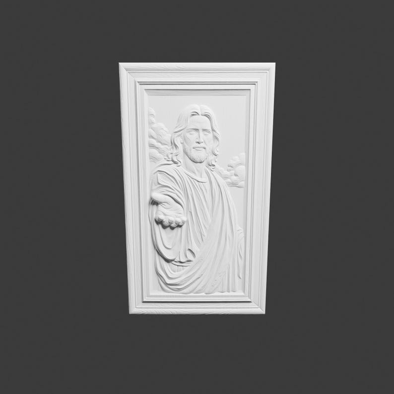 May include: A white relief sculpture of a figure with long hair and a beard, wearing draped robes, reaching out a hand. The sculpture is framed and set against a cloudy background.