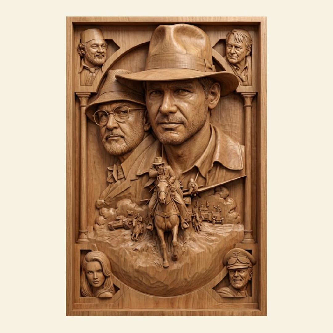 Indiana Cnc Router Patterns Indiana Jones Film Poster 3D STL Relief | CNC Router File Wood Carving ...