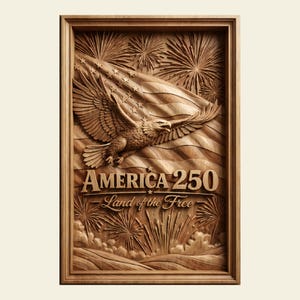 Può includere: Intaglio in legno incorniciato raffigurante una bandiera americana, un'aquila e fuochi d'artificio. Il testo "AMERICA 250 - Land of the Free" è intagliato sotto l'aquila. Un'opera d'arte patriottica.