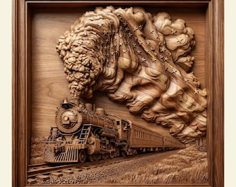 Patriotic US Steam Train 3D STL CNC Router File | Relief Wood Carving | Americana Wall Art