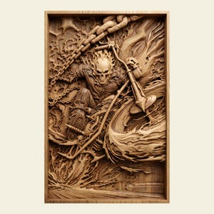 Può includere: Intaglio in legno dettagliato di una figura in sella a una motocicletta, con fiamme che eruttano dal cranio del motociclista. L'opera presenta una catena e intricati dettagli delle venature del legno, all'interno di una cornice rettangolare.