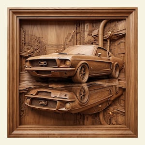 Puede incluir: Tallado en madera detallado de un coche clásico, probablemente un Ford Mustang, en un relieve enmarcado. El coche se representa en una escena urbana con un reflejo debajo. La obra de arte está hecha de madera marrón claro.