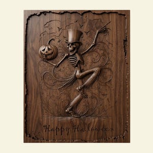 Pode incluir: Painel de madeira entalhada com um esqueleto usando uma cartola e segurando uma abóbora de Halloween. O esqueleto dança em meio a padrões florais rodopiantes, com as palavras "Happy Halloween" entalhadas na parte inferior. O painel é marrom escuro.