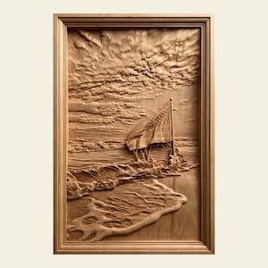 May include: A wooden relief carving depicting a beach scene with an American flag waving in the wind. The artwork features detailed waves, clouds, and a framed border, all in natural wood tones.