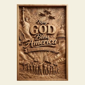May include: A wooden relief carving with the words "May God Bless America" and "United for America." The artwork features the Statue of Liberty, an eagle, the Capitol building, and a group of people holding American flags. Fireworks and jets are also depicted.