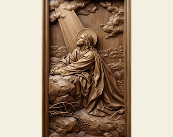 Jesus Praying in Garden 3D STL CNC Router File Relief | Divine Light Wood Carving | Gethsemane Religious Decor Digital Download