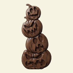 May include: A stacked wooden Halloween decoration featuring four carved jack-o'-lanterns. Each pumpkin has a unique, expressive face, with varying smiles and grimaces. The wood has a rich, dark brown color.