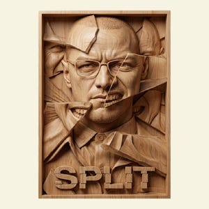 May include: A wooden relief carving of a man's face, fragmented into pieces, with multiple expressions visible. The word "SPLIT" is carved at the bottom. The man wears glasses and a collared shirt. The artwork is framed.