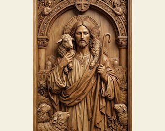 The Good Shepherd 3D STL CNC Router File | Jesus with Lamb Relief Wood Carving | Ornate Religious Wall Art Christian Decor