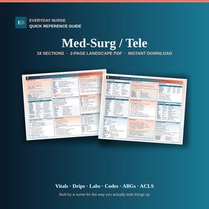 Può includere: Una guida di riferimento rapido digitale di due pagine per l'assistenza infermieristica medico-chirurgica e telemetrica, con 18 sezioni di dati medici tra cui parametri vitali, flebo, laboratori, codici, emogasanalisi e ACLS.